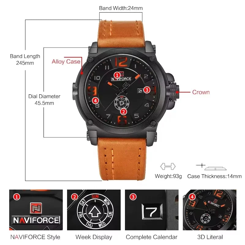 Relojes deportivos militares NAVIFORCE para hombre, originales, resistentes al agua, con visualización de día y fecha, correa de cuero, reloj masculino