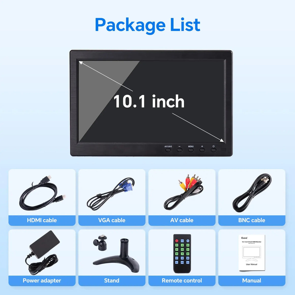 Monitor de seguridad Eyoyo de 10 pulgadas con pantalla LCD de resolución HD 1366 x 768; compatible con montaje en pared; entradas HDMI, VGA, AV, BNC y USB; altavoces integrados; para ordenador, PC, cámara y NVR