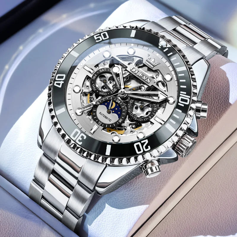 Reloj mecánico para hombre OLEVS 6715, serie de buceo, esfera esqueletizada, acero inoxidable, resistente al agua, fase lunar, fecha, reloj automático de lujo