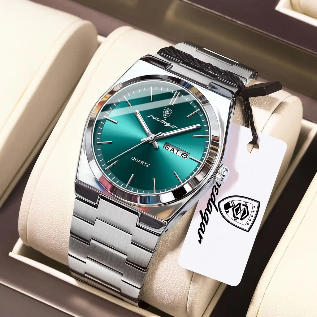 Reloj de pulsera de cuarzo para hombre POEDAGAR, moda de lujo, casual, luminoso, resistente al agua, de acero inoxidable, con indicador de fecha y día
