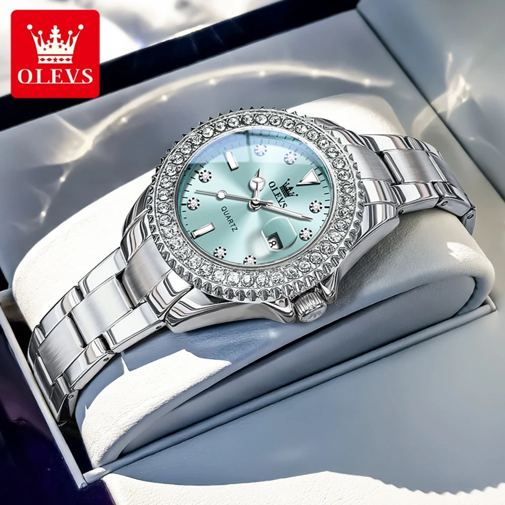 Relojes originales elegantes para mujer OLEVS 9945, reloj de cuarzo, resistente al agua, luminoso, con fecha automática, reloj para dama, regalo, bisel con diamantes