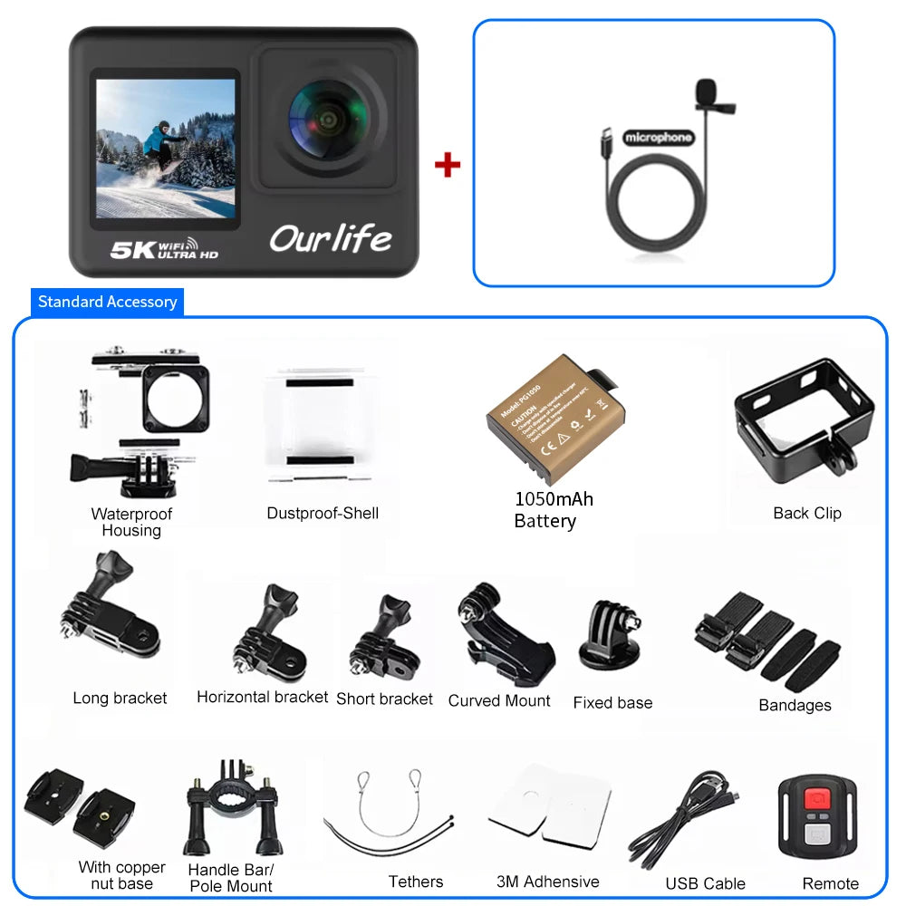 Cámara de Acción Ourlife MTR60 con Pantalla Táctil de 2.0'' y EIS 170 °   Cámara Web 30M Resistente al Agua con Zoom 5X, Cámara Deportiva WiFi 5K con Control Remoto