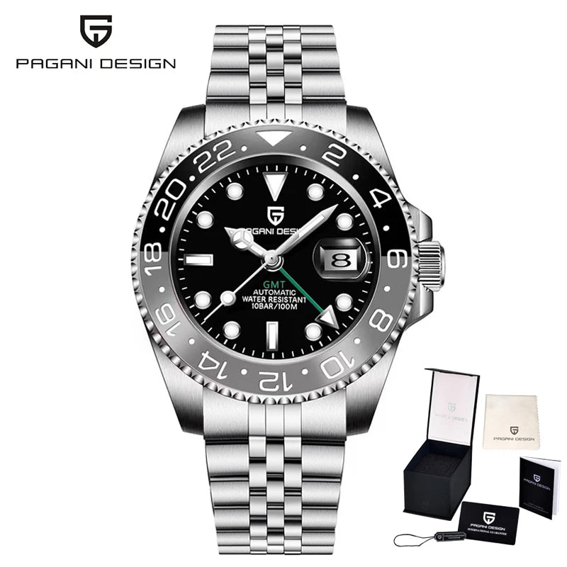PAGANI DESIGN 40mm Reloj mecánico de lujo para hombre, reloj GMT de acero inoxidable, marca de alta gama, cristal de zafiro, relojes para hombre