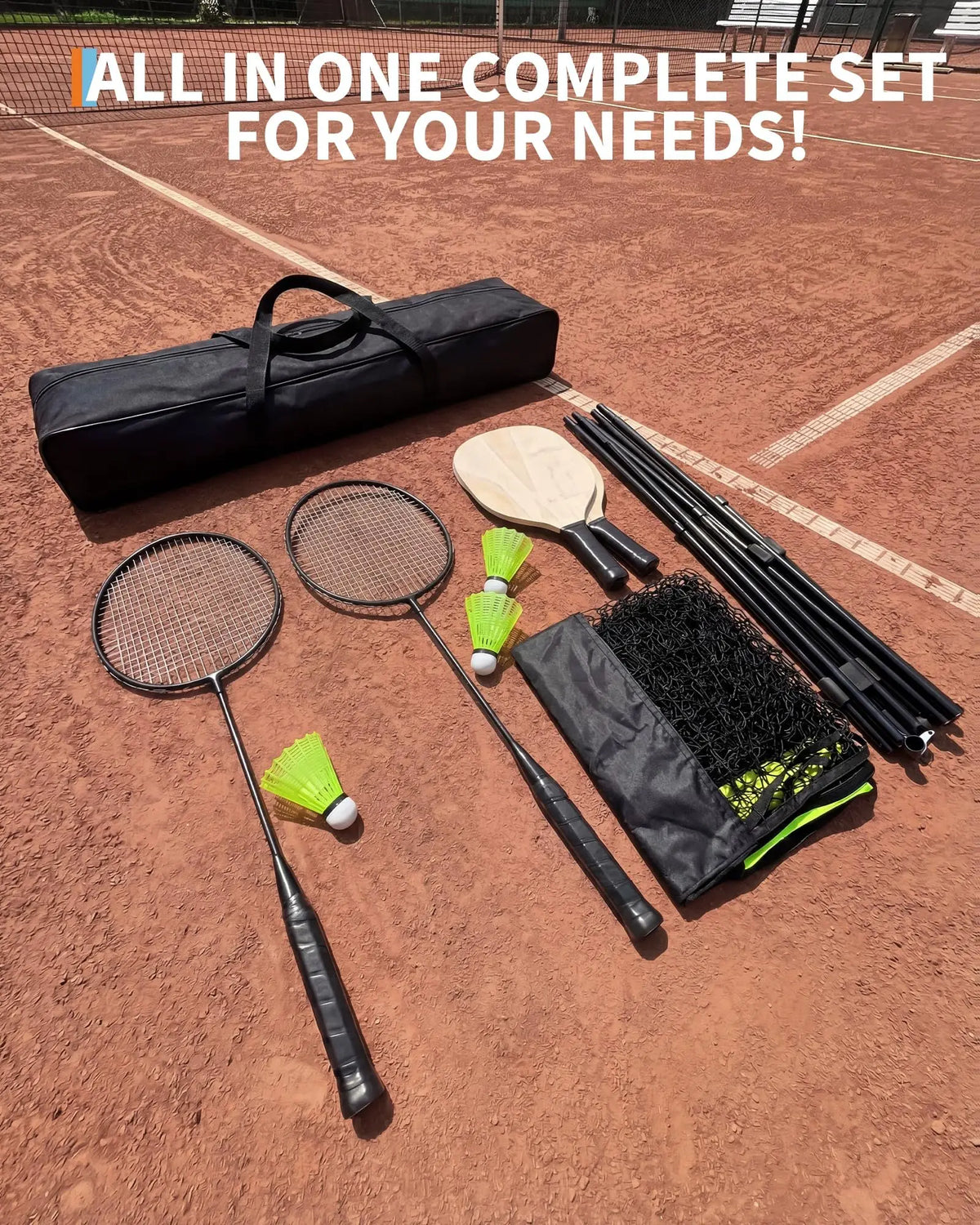 Juego de red de bádminton y pickleball ajustable en altura de 5,1 m – Portátil con bolsa, incl. 2 raquetas, 2 palas, 3 pelotas – Ideal para jardín, playa y actividades al aire libre