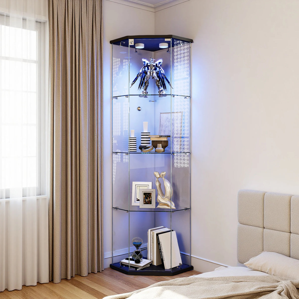 Vitrina de cristal Rosahqnda con luces LED, vitrina de 4 niveles para sala de estar, dormitorio, armario esquinero, blanco/negro, 162x60