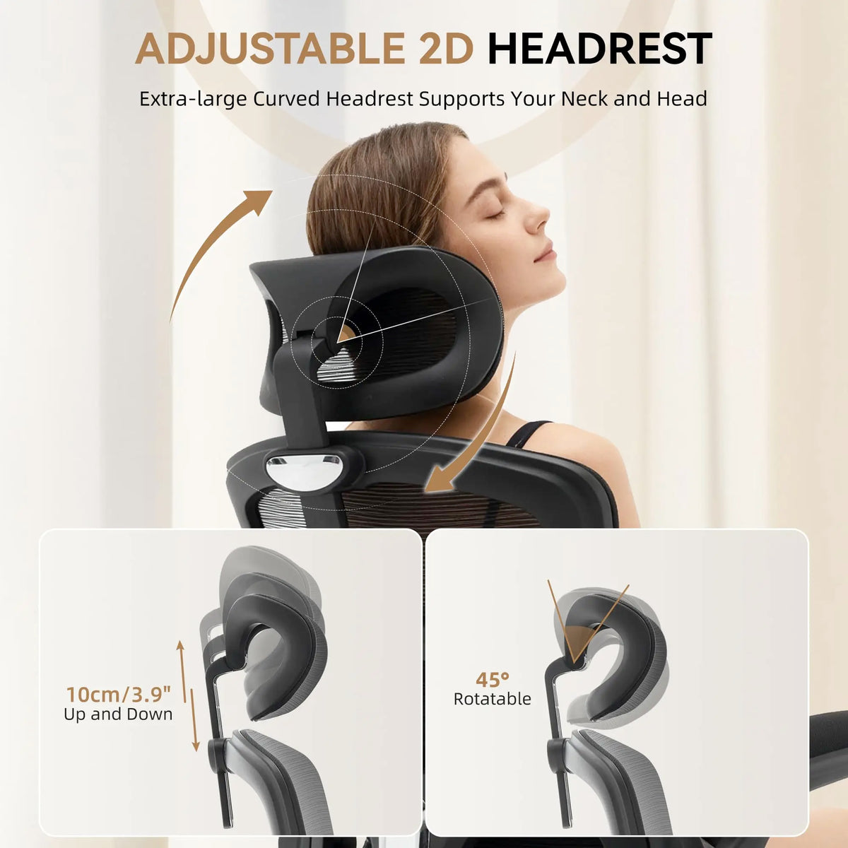 Silla ergonómica negra con reposacabezas ajustable 2D giratorio para cuello y cabeza.