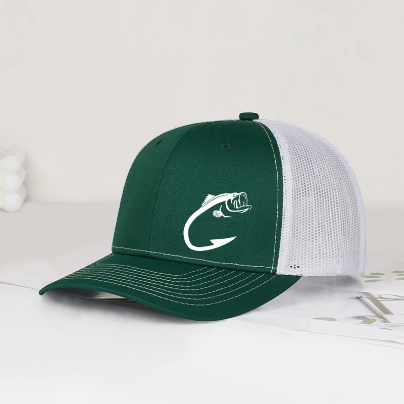 Gorra de camionero con estampado de anzuelo para pesca de lubina, ajustable, unisex, de malla, para pesca y protección solar