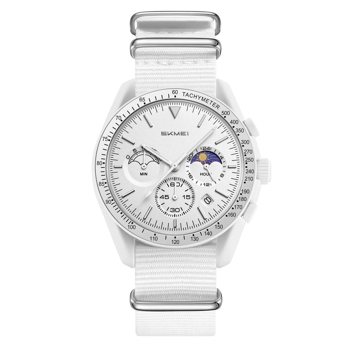 Reloj de cuarzo unisex SKMEI redondo con correa de nailon, fase lunar, cronógrafo, taquímetro, fecha, reloj de pulsera ligero para hombre y mujer 9392