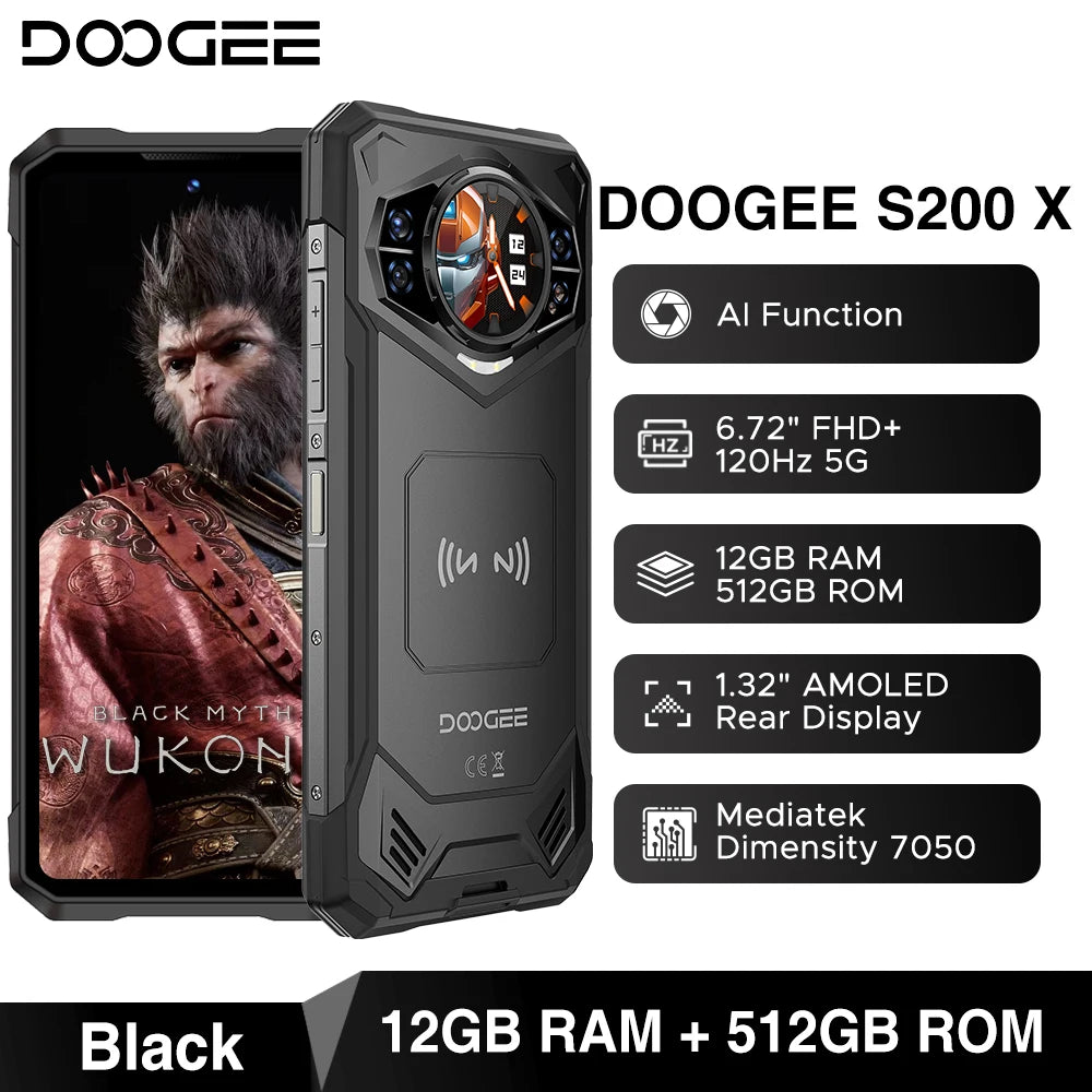Teléfono rugerizado DOOGEE S200 5G 48GB 512GB Dimensity 7050 6,72” FHD+ 120Hz 10100mAh Cámara de 100MP Smartphone Android 16 con NFC