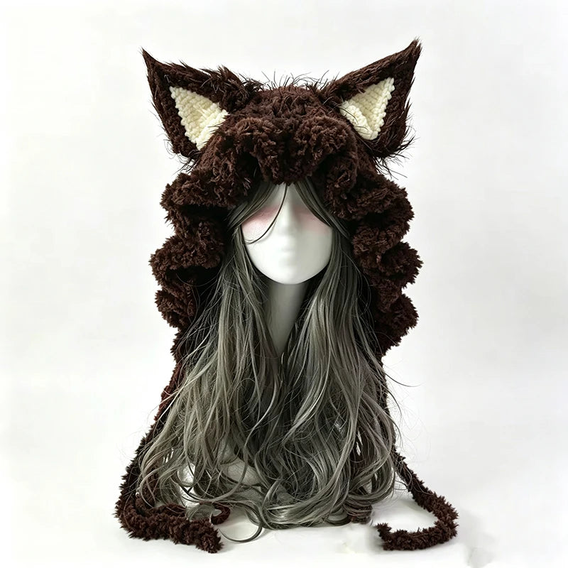 Gorro de Orejas de Zorro Rojo y Negro Tejido a Mano Personalizado para Mujer, Gorro de Punto Suave con Lazos Largos, Estilo Gótico Unisex, Accesorio Cálido de Invierno de Hada Oscura