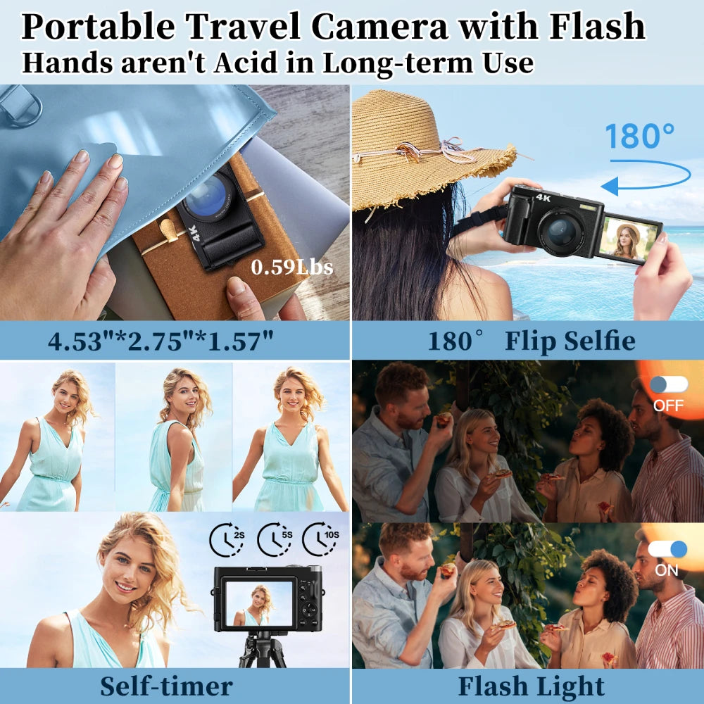 Cámara digital 4K para fotografía y vídeo Cámara de vlogging compacta antivibración con enfoque automático de 48 MP 3'' 180 °   Pantalla abatible con Flash