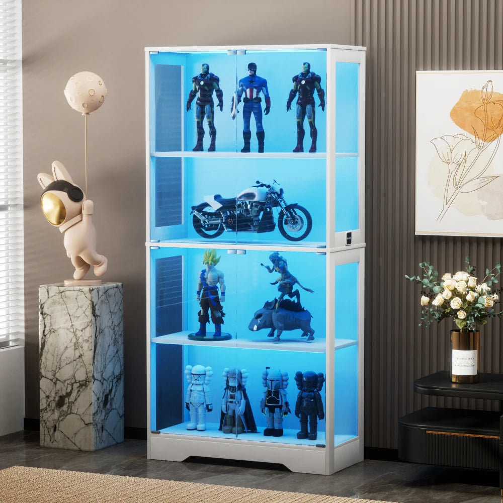 Vitrina de cristal de cuatro niveles con espacio de almacenamiento, iluminación LED, puertas de cristal y sensores inteligentes, vitrina de cristal a prueba de polvo