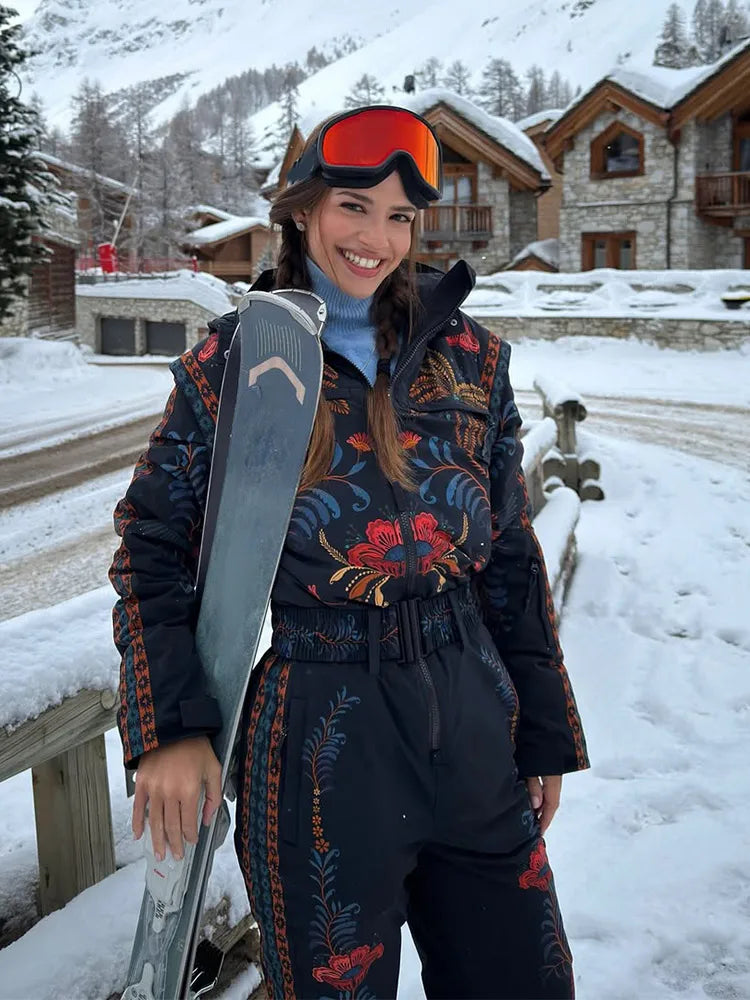 Mono de esquí vintage estampado para mujer, manga larga, con cremalleras, cuello alto y bolsillos, ropa de esquí de moda para mujer invierno 2026.