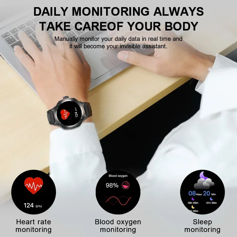 Smartwatch militar para hombre con auriculares inalámbricos integrados, acceso a puertas NFC, monitor de frecuencia cardíaca, reloj inteligente deportivo para iOS y Android