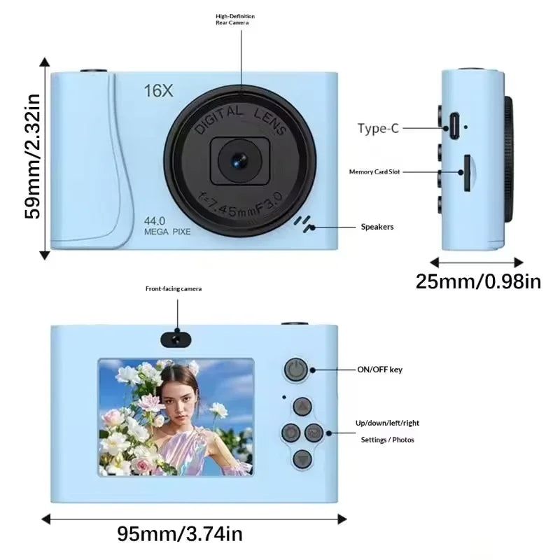 Cámara Digital 4K de 24 Millones de Píxeles, Videocámara Infantil con Zoom 16x, Cámaras Compactas con Enfoque Automático para Niños, Adultos y Principiantes en Fotografía