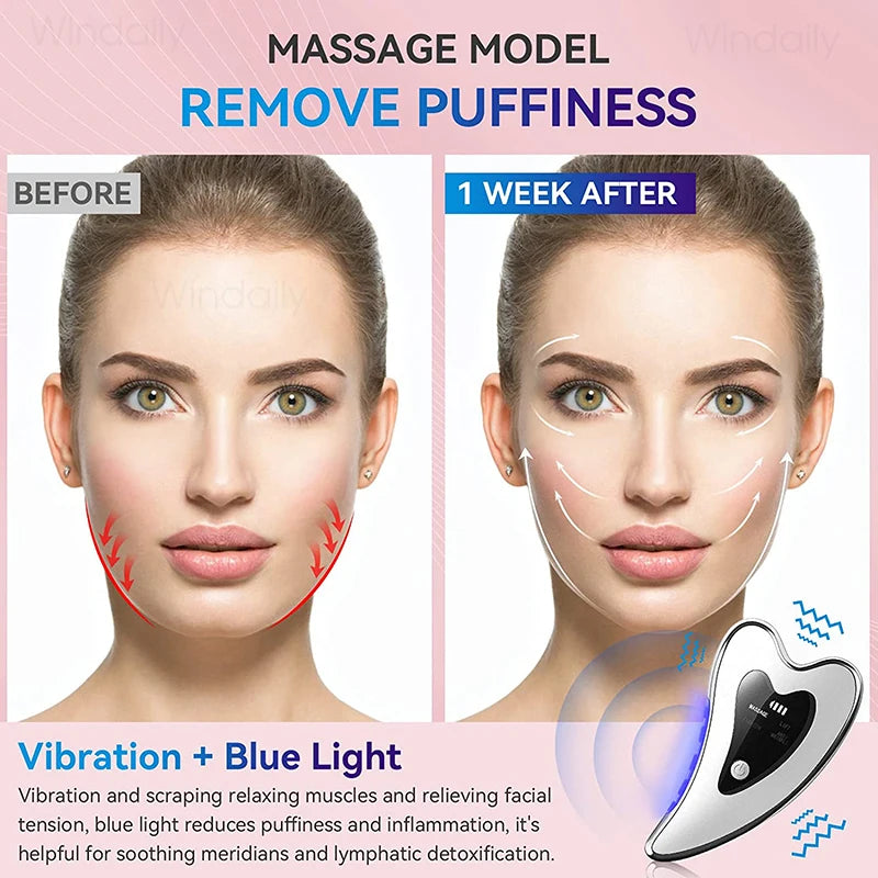 Masajeador Facial eléctrico Gua Sha 4 en 1, herramientas de raspado Facial con vibración calentada, dispositivo de Estiramiento Facial de piel de doble barbilla antiarrugas