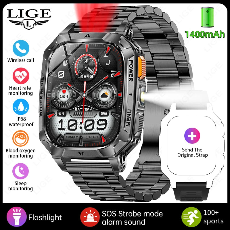 LIGE Outdoor Military Smart Watch Men 1400mAh Big Battery LED Flashlight SOS Alarm Bluetooth Call 100+Sports Modes Waterproof Smartwatch For Android IOS