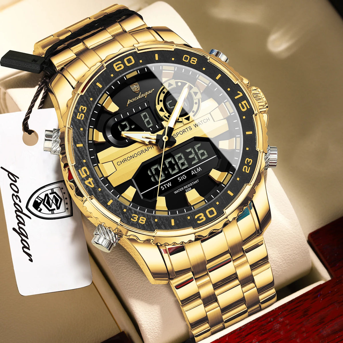 Reloj de pulsera electrónico de moda para hombre POEDAGAR, con semana, fecha, LED luminoso, pantalla de doble hora, relojes digitales de cuarzo para hombre