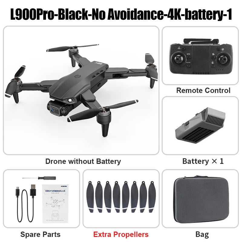 Dron negro con control remoto y batería, con hélices y piezas de repuesto