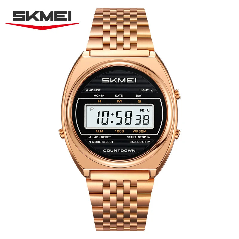 Reloj digital de lujo SKMEI 2653 para hombre, acero inoxidable, resistente al agua, cronómetro, temporizador de cuenta regresiva, luz EL, resistente a los golpes