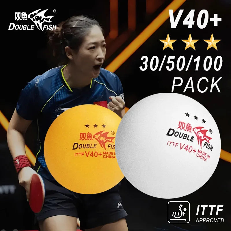 Pelotas de Tenis de Mesa Double Fish V40+ Aprobadas por la ITTF, 3 Estrellas, ABS Premium con Costura, Pelotas de Ping Pong para Competición, Paquetes de 30/50/100