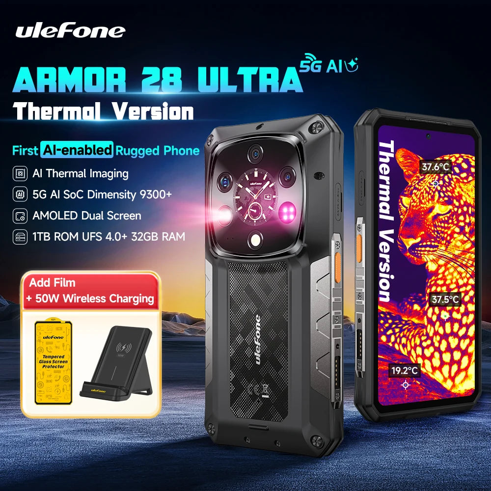 Smartphone resistente Ulefone Armor 28 Ultra 5G con cámara térmica IA, Dimensity 9300+, 1 TB de ROM, 32 GB de RAM, Android, pantalla AMOLED