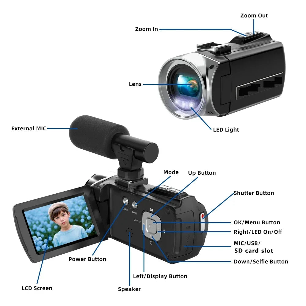 Videocámara 4K con micrófono, cámara de vídeo infrarroja Vlogging con Zoom 18X para Youtube, grabadora Digital portátil de 48MP, transmisión en vivo