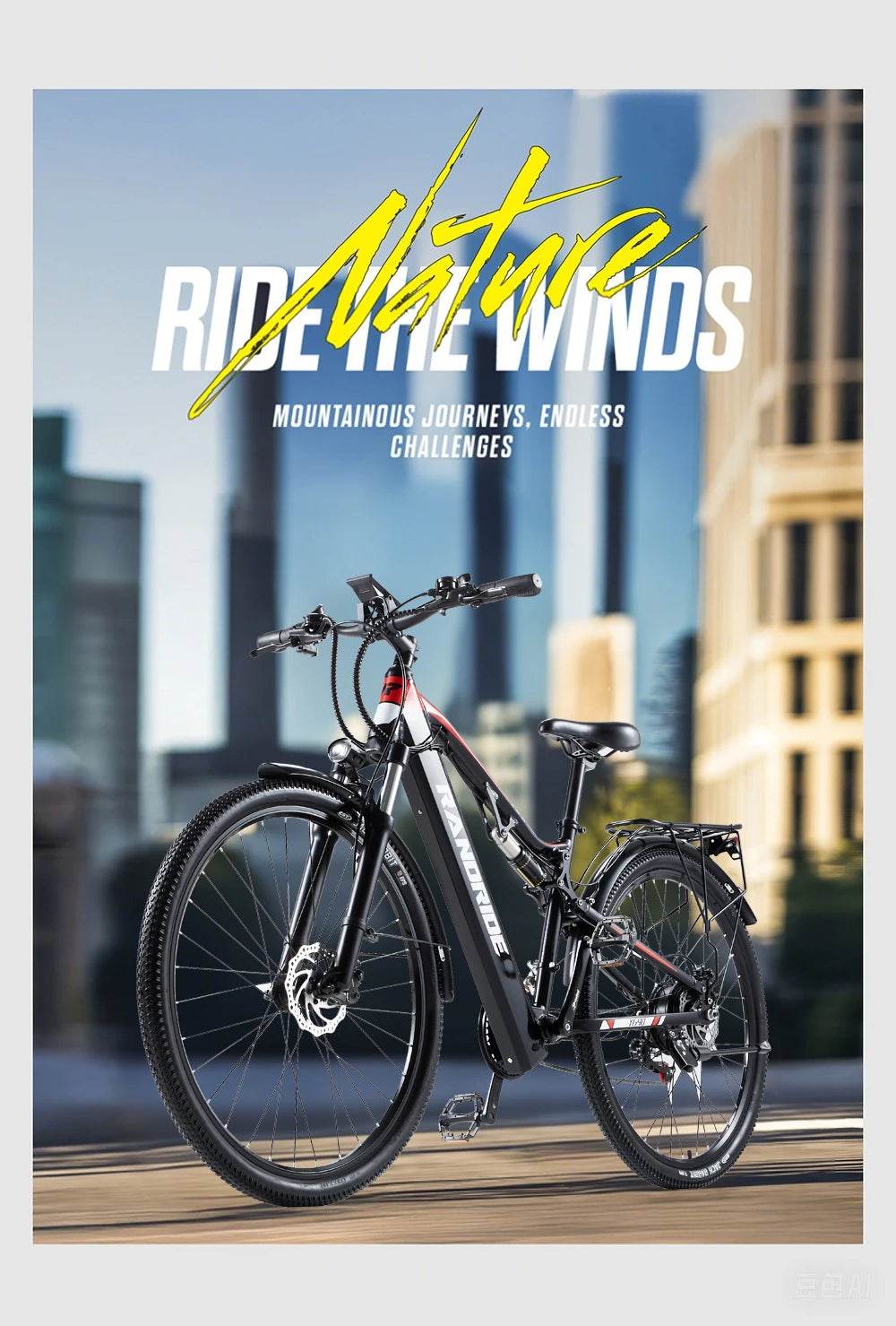 Bicicleta eléctrica de montaña urbana para adultos RANDRIDE YG90B-29 de 29 pulgadas, motor sin escobillas de 1000 W, batería de litio de gran capacidad de 48 V 17 Ah, frenos de disco hidráulicos para desplazamientos y conducción todoterreno