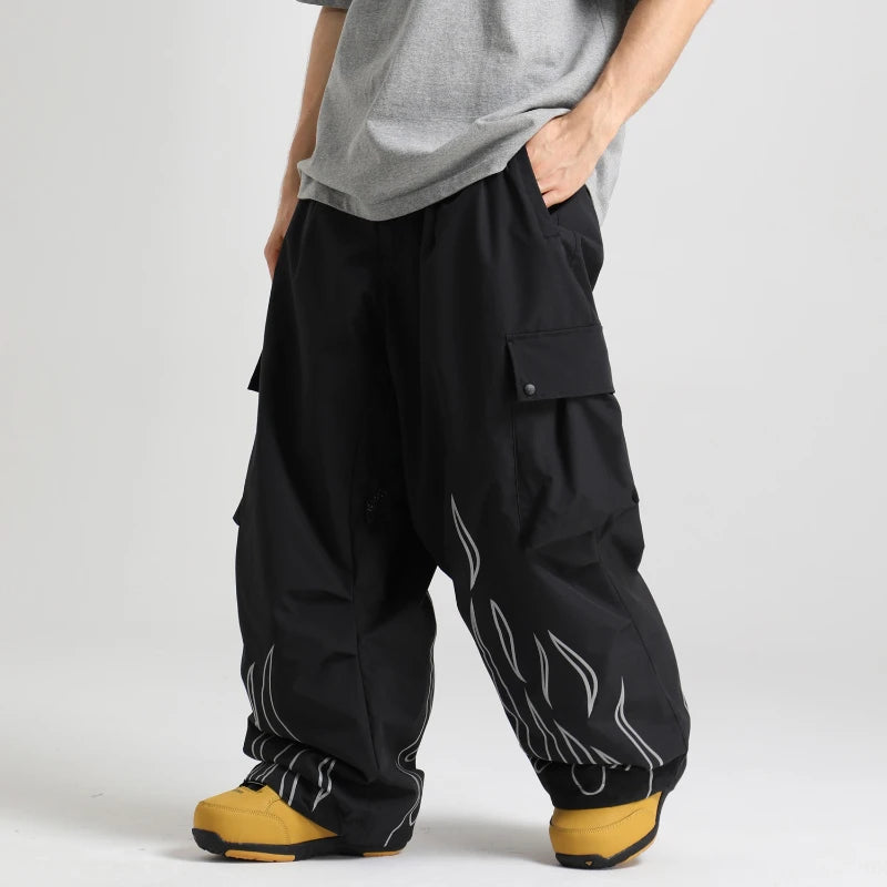 Nuevo GSOU SNOW reflectante llama gráfico hombres holgados Snowboard pantalones de invierno mujeres nieve impermeable Cargo snowboard pantalones de esquí