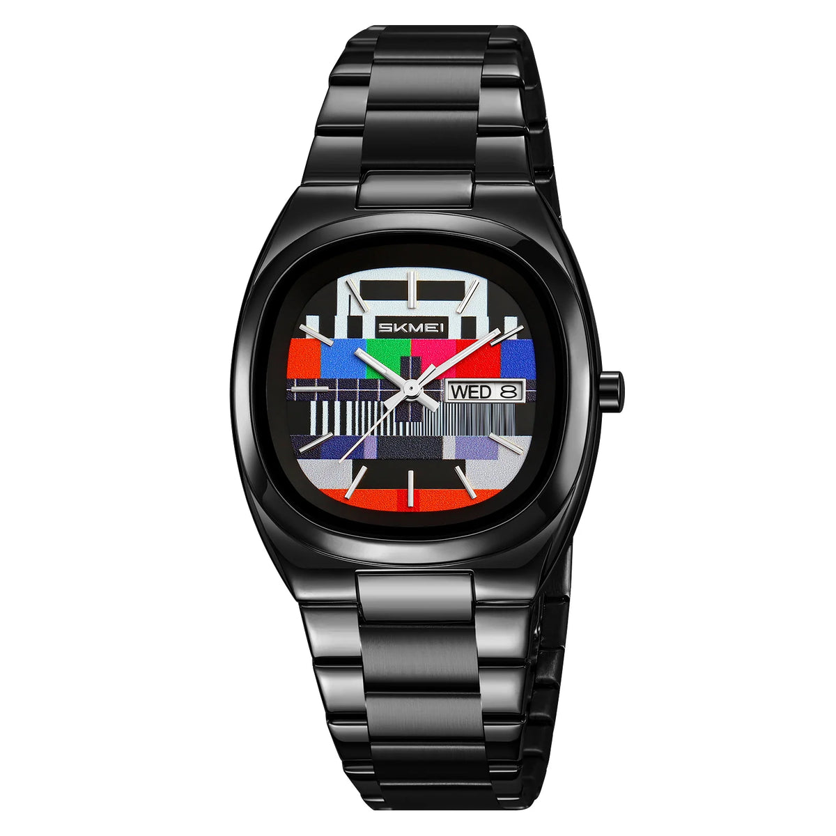Reloj SKMEI retro para hombre, sencillo, dorado, caja ovalada, esfera con patrón de prueba de TV, correa de acero inoxidable, hora, semana, fecha, resistente al agua 30M, 9375