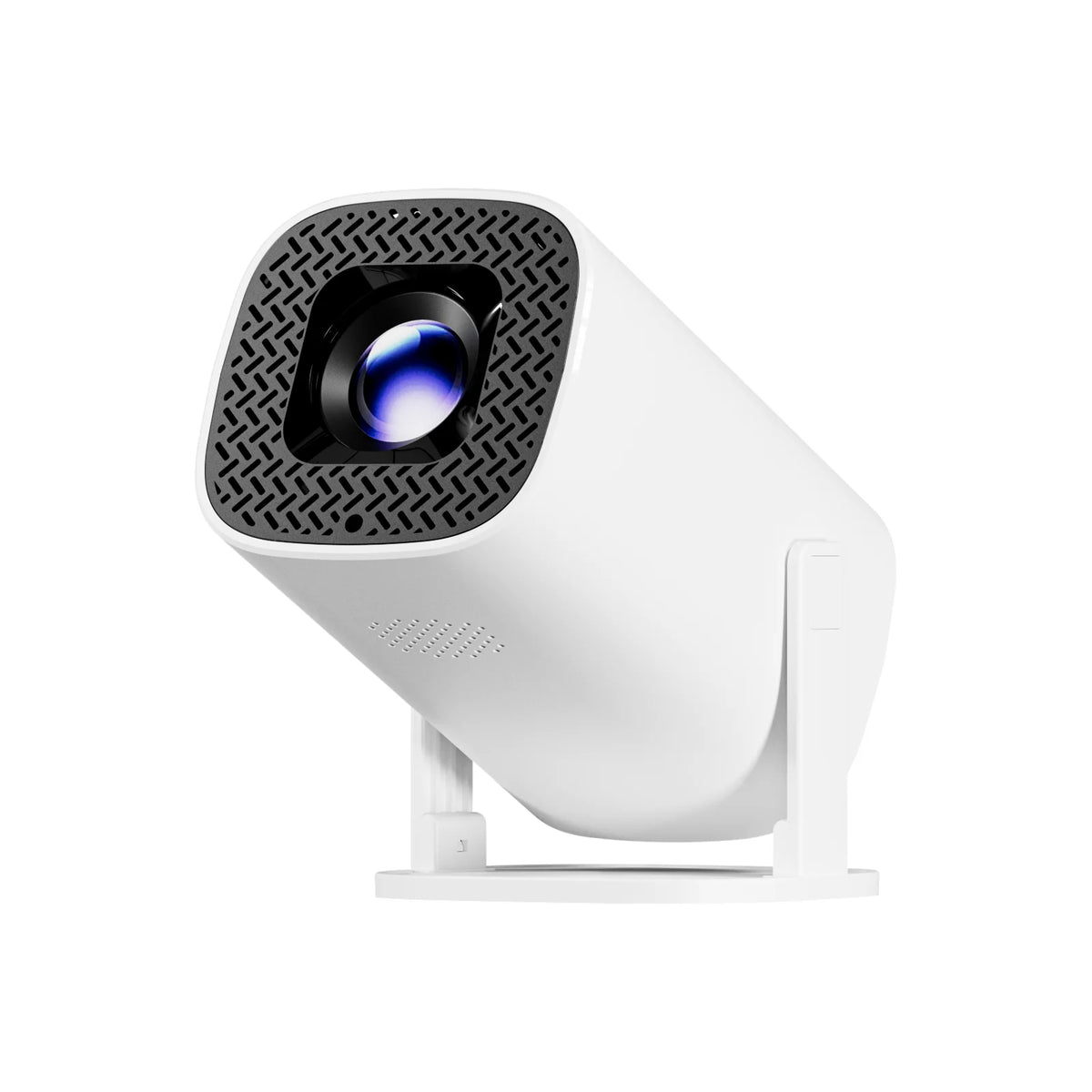 Proyector mini blanco con lente circular, rejilla frontal y soporte de inclinación