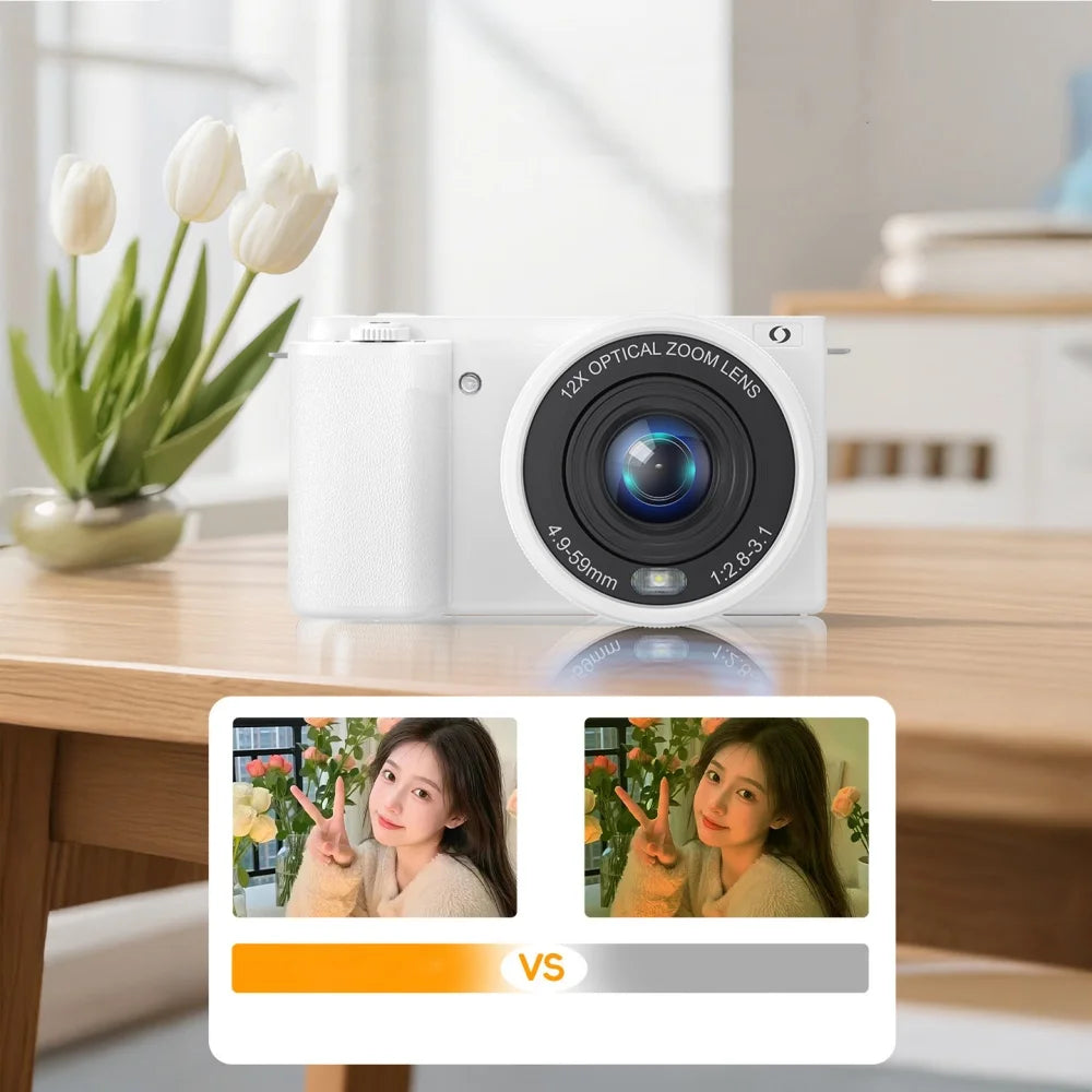 Cámara Digital Selfie 4K de 64MP con Zoom Óptico 12X, Pantalla Abatible, Videocámara Vlog, Grabadora de Video, Cámara Fotográfica, Cámara Web para Transmisión en Vivo
