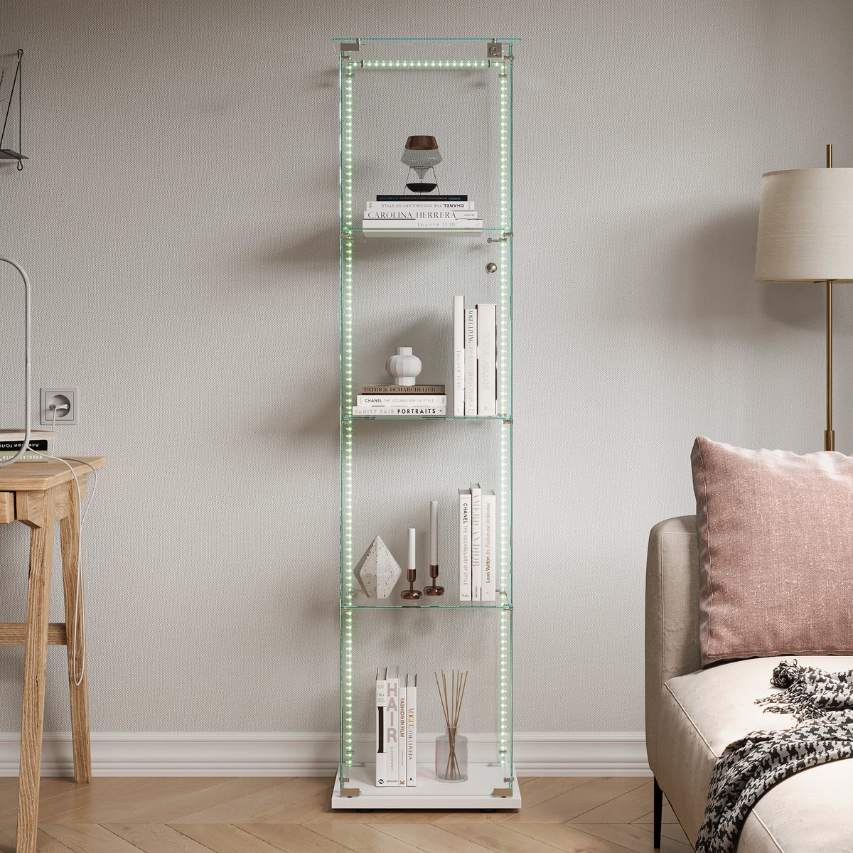 Vitrina de cristal con luces LED, vitrina de exhibición con 4 estantes de cristal y puertas con cerradura, vitrina moderna para coleccionables, libros, figuras, sala de estar, 163 X 80.6 X 36.5 CM