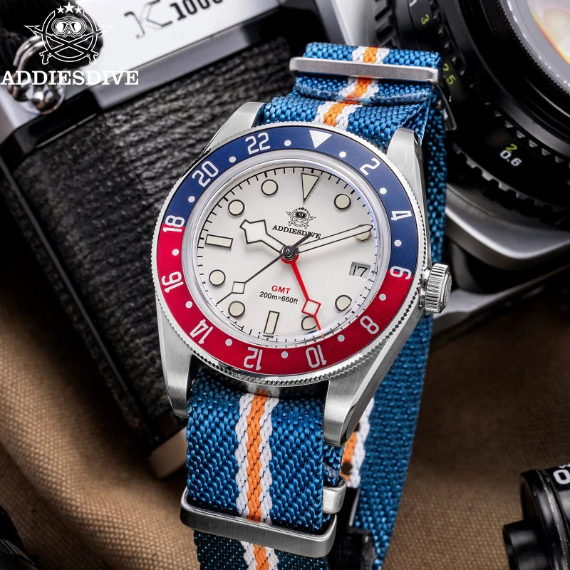 Reloj GMT de lujo para hombre ADDIESDIVE AD2044, cristal de burbuja, cuarzo suizo Ronda, reloj de negocios para hombre, resistente al agua 200 m, luminiscencia BGW9