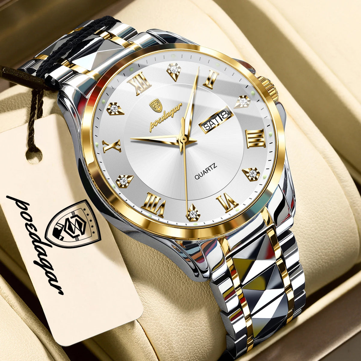 Reloj de pulsera para hombre de lujo POEDAGAR, resistente al agua, luminoso, con fecha y día, reloj de cuarzo de acero inoxidable para negocios, reloj para hombre.