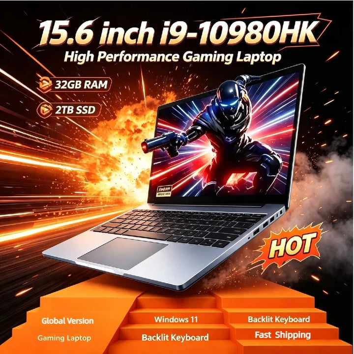 Portátil para Juegos y Negocios de 15.6 Pulgadas, Intel Core i9 10980HK, 32GB RAM, 2TB SSD, Windows 11 Pro, Teclado Retroiluminado, Desbloqueo por Huella Dactilar