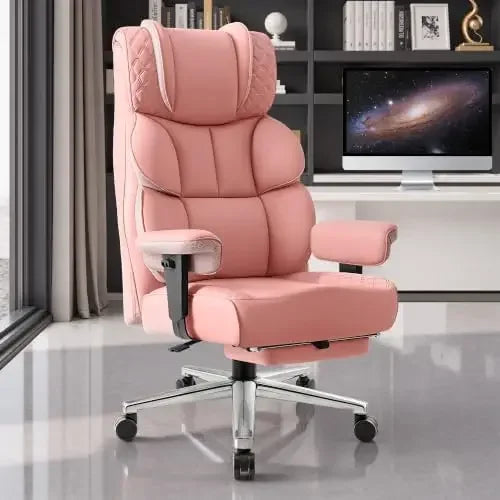 Silla de oficina rosa con respaldo alto acolchado, reposapiés y reposabrazos