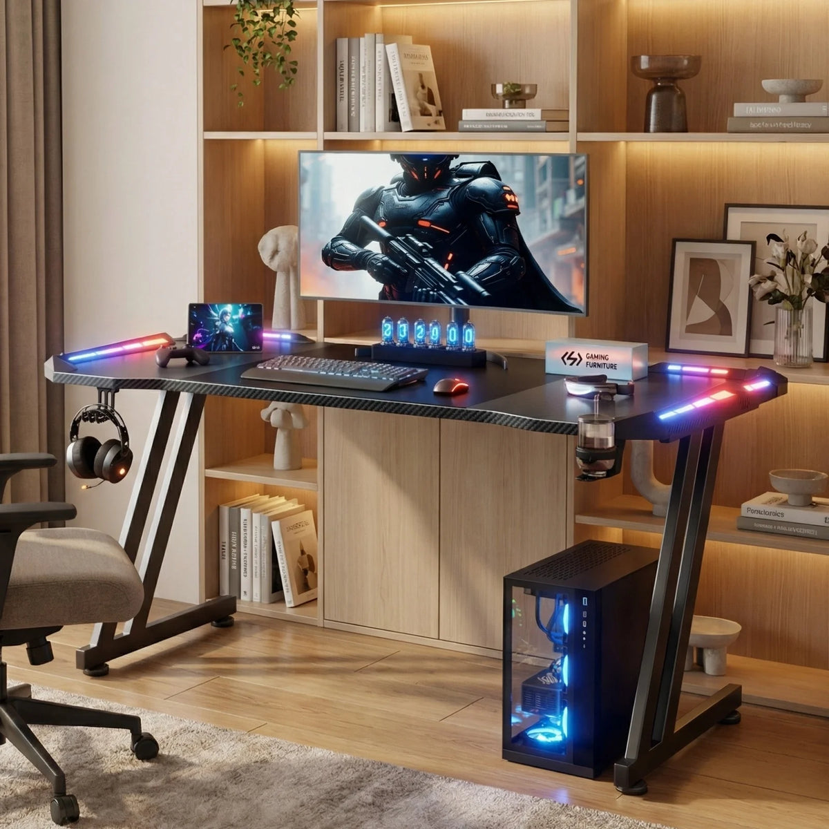 Escritorio gaming en Z con tiras LED RGB, soporte para torre y base para auriculares