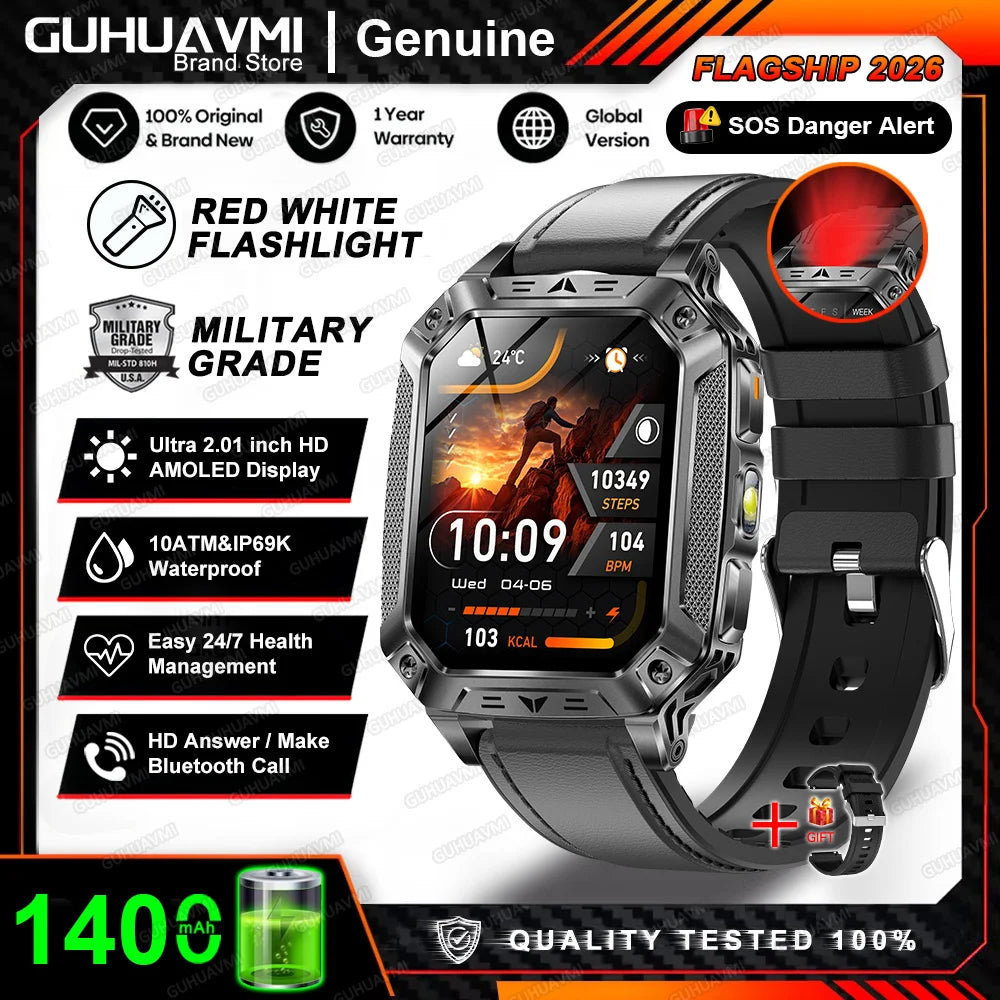 Reloj inteligente militar 2026 TANK, nuevo, 1400 mAh, GPS, pantalla AMOLED de 2.01", resistente al agua 10ATM, reloj, llamada SOS, linterna, para hombre, compatible con iOS