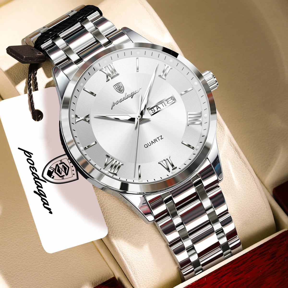 Reloj de pulsera para hombre POEDAGAR de moda, luminoso, impermeable, de acero inoxidable, con fecha y día, de cuarzo para negocios