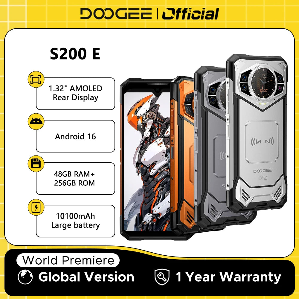 Estreno mundial del teléfono resistente DOOGEE S200E 5G, pantalla trasera de 1,32", 10100 mAh, 48 GB de RAM (8 GB + 40 GB), 256 GB de ROM, pantalla de 6,72", Android 16