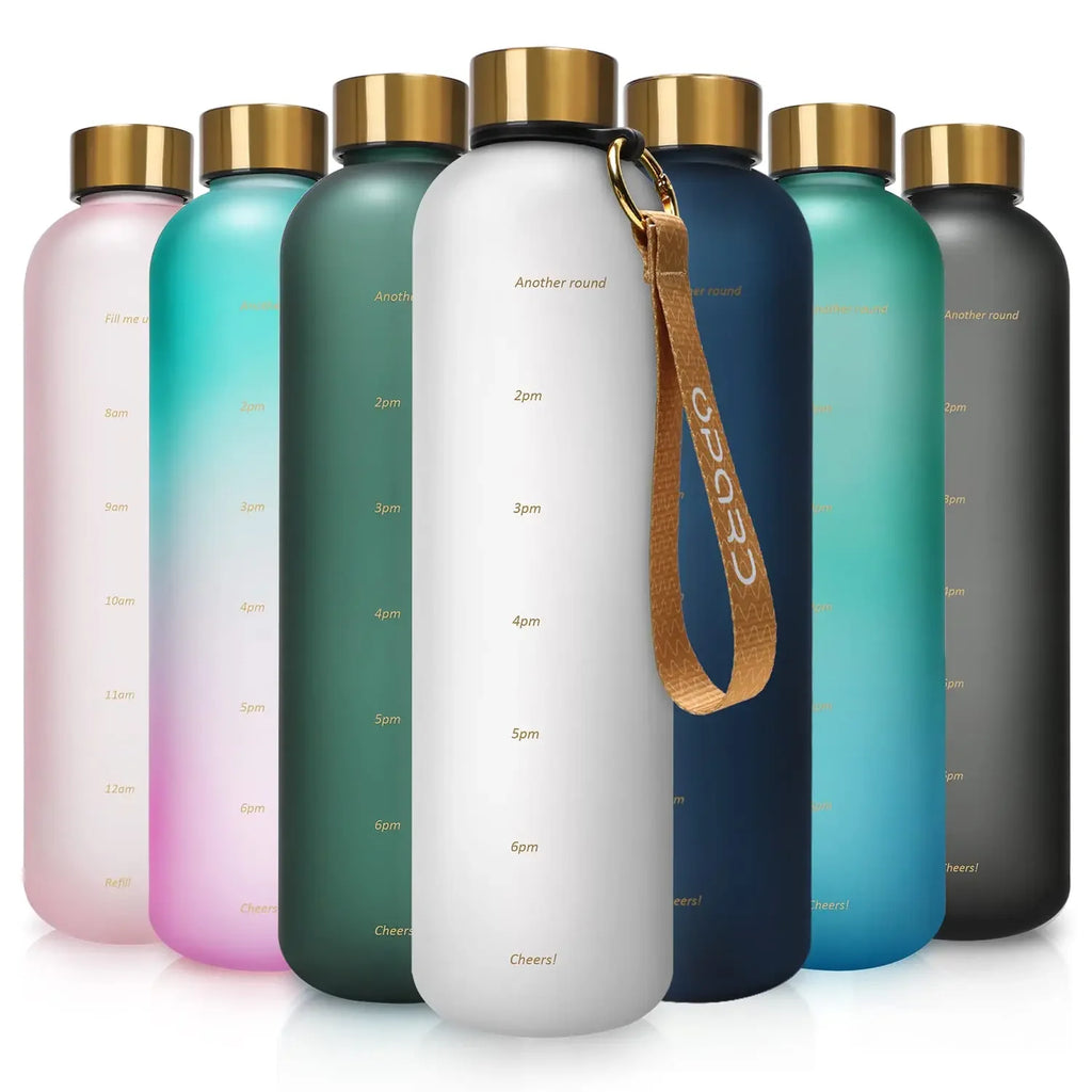Nueva botella de agua de 1L con sello de tiempo, sin BPA, reutilizable, para deportes de Fitness, viajes al aire libre, taza de agua a prueba de fugas, hervidor esmerilado
