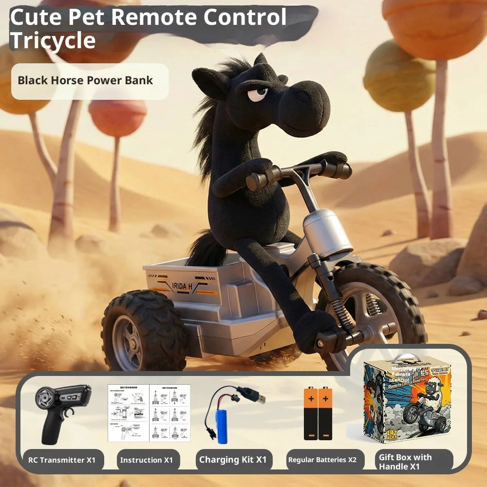 2026 New Little Sheep Black Horse Remote Control Car Three Wheel Motorcycle Charging Dynamic Lighting Trick Drift Car Boy Toy