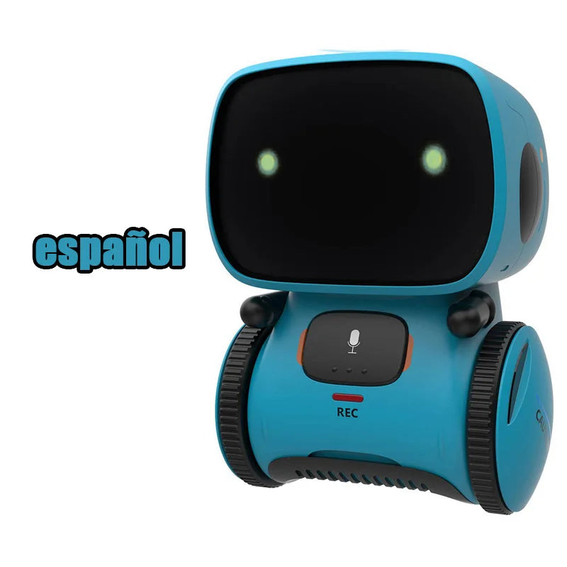 Robot educativo azul con pantalla negra, detalle del micrófono y sensores frontales