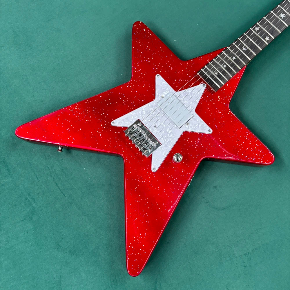 Nueva guitarra eléctrica de 6 cuerdas con cuerpo en forma de estrella, pickguard plateado y un diseño único.