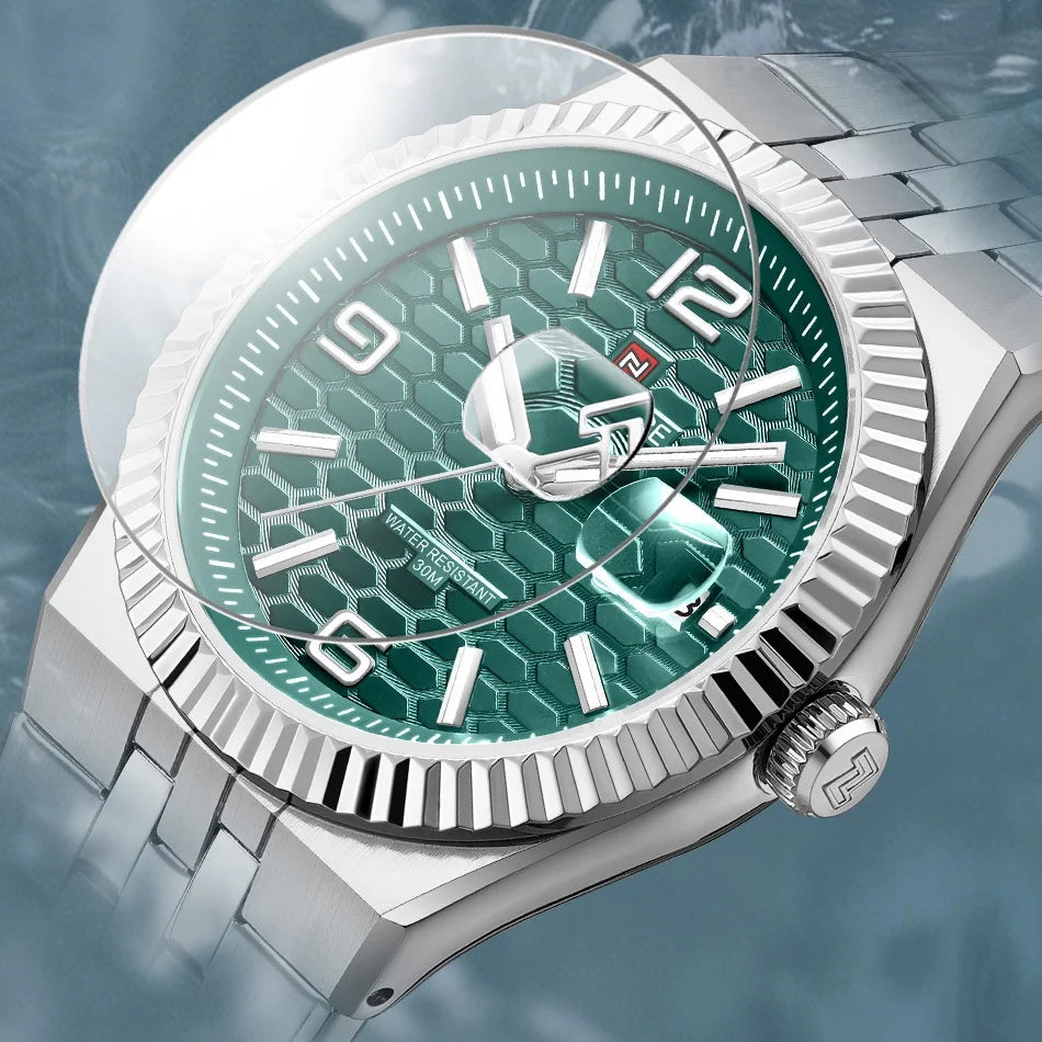 Reloj NAVIFORCE para hombre, de negocios, con esfera redonda, acero inoxidable, textura de panal, fecha, manecillas luminosas, cuarzo resistente al agua