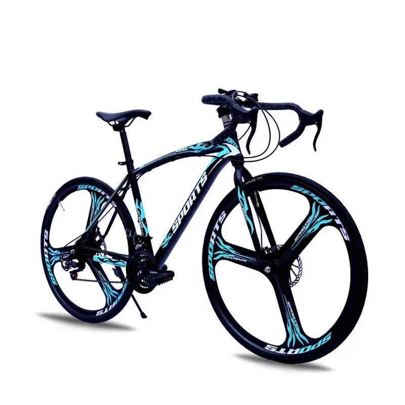 Bicicleta de carreras de 26 pulgadas con cuadro de acero al carbono, 21 velocidades, manubrio curvo, doble freno de disco y rines de 60 mm para adultos