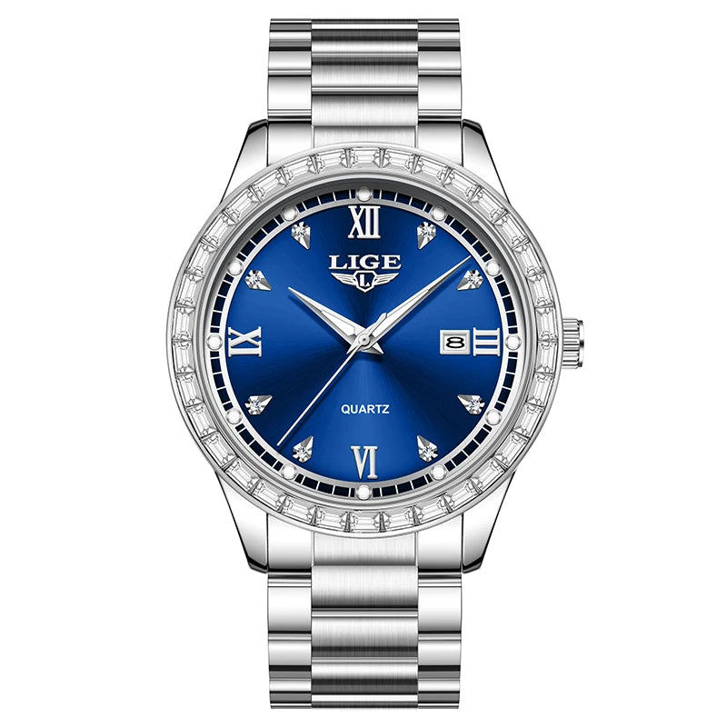 Reloj de cuarzo original LIGE para mujer, esfera con diamantes, acero inoxidable, resistente al agua, luminoso, elegante reloj de pulsera para mujer Reloj Mujer