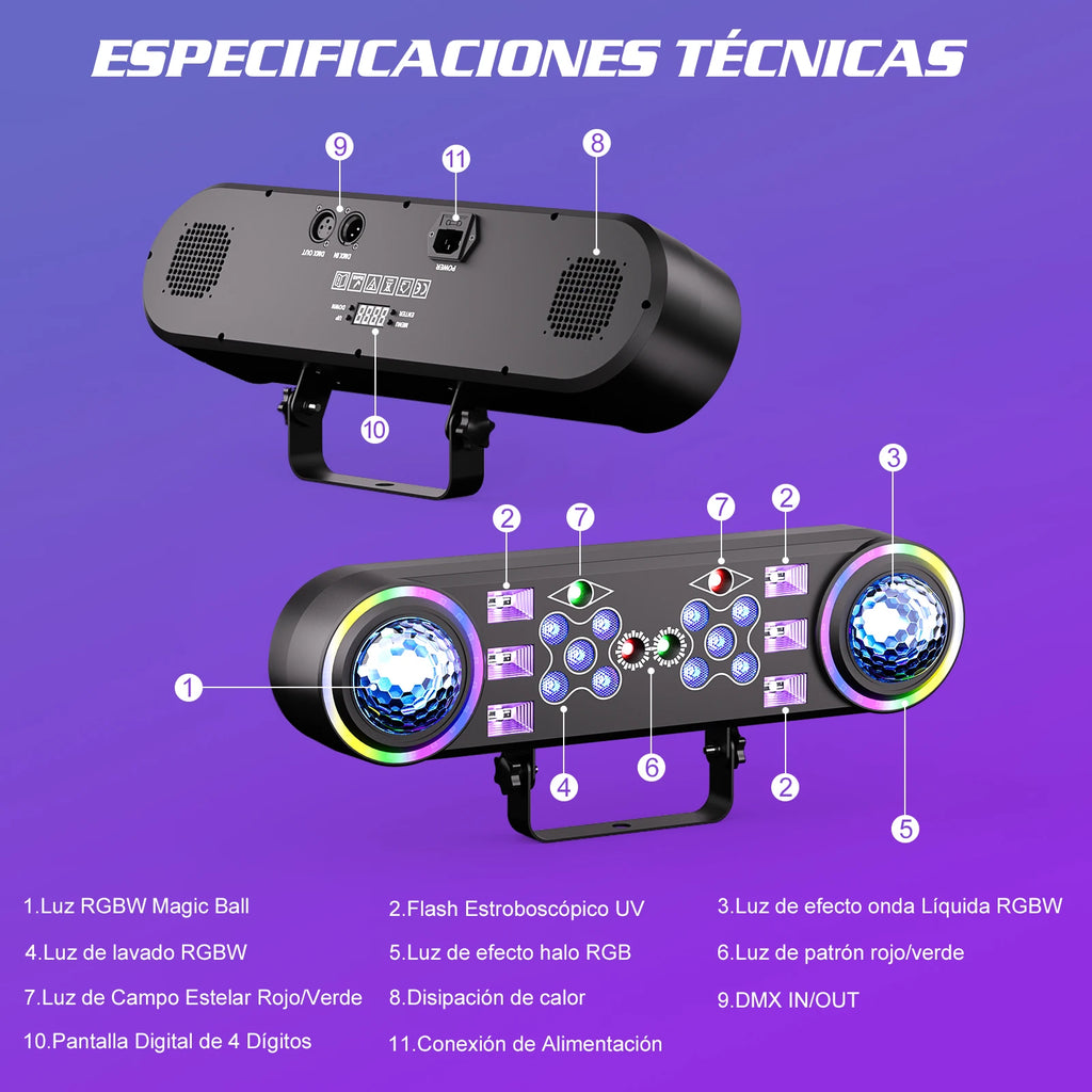 Kit de 2 soportes para luces de efectos 7 en 1, luces LED RGBW con bolsa, bola mágica, luz de efecto de haz, control remoto, luces de DJ para fiestas y discotecas