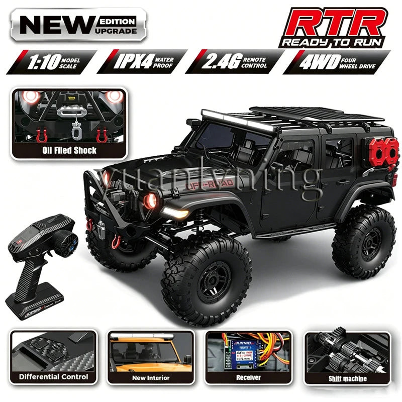 Coche RC 1/10 vehículo a control remoto 2.4G rock crawler de escala completa, camión todoterreno 4WD para escalar con luz LED